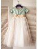 Short Sleeves Mint Sequin Ivory Tulle Floor Length Flower Girl Dress